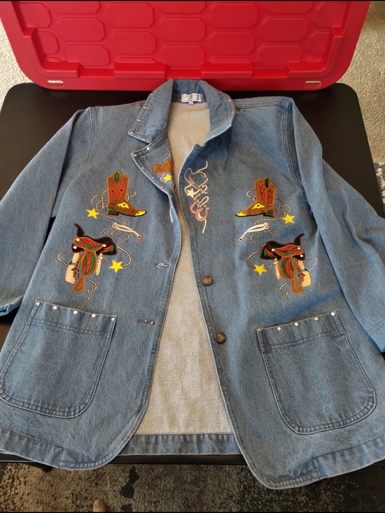 Jackets & Blazers - Vintage "Grandma Core"Embroidered Western Denim Jacket - Blue Size Large